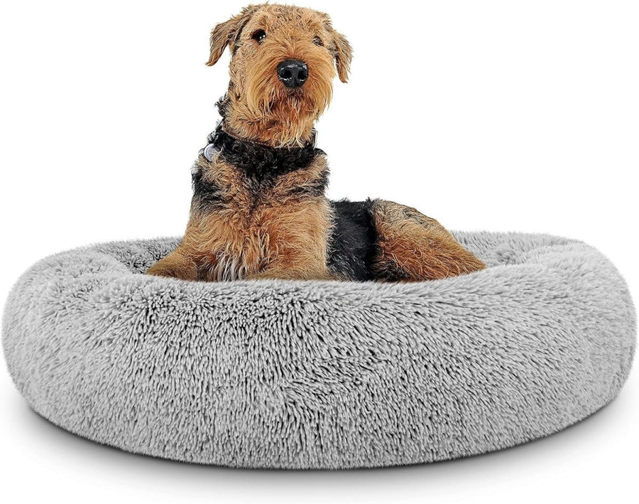 Large Plush Donut Dog Bed 91cm Calming Round Nest Silver - Kwikley