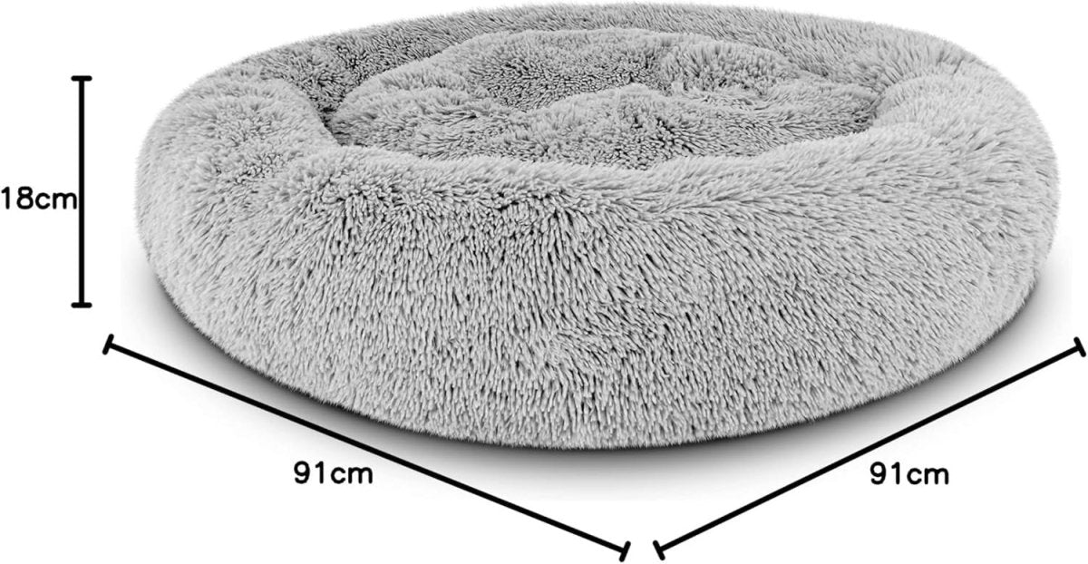 Large Plush Donut Dog Bed 91cm Calming Round Nest Silver - Kwikley