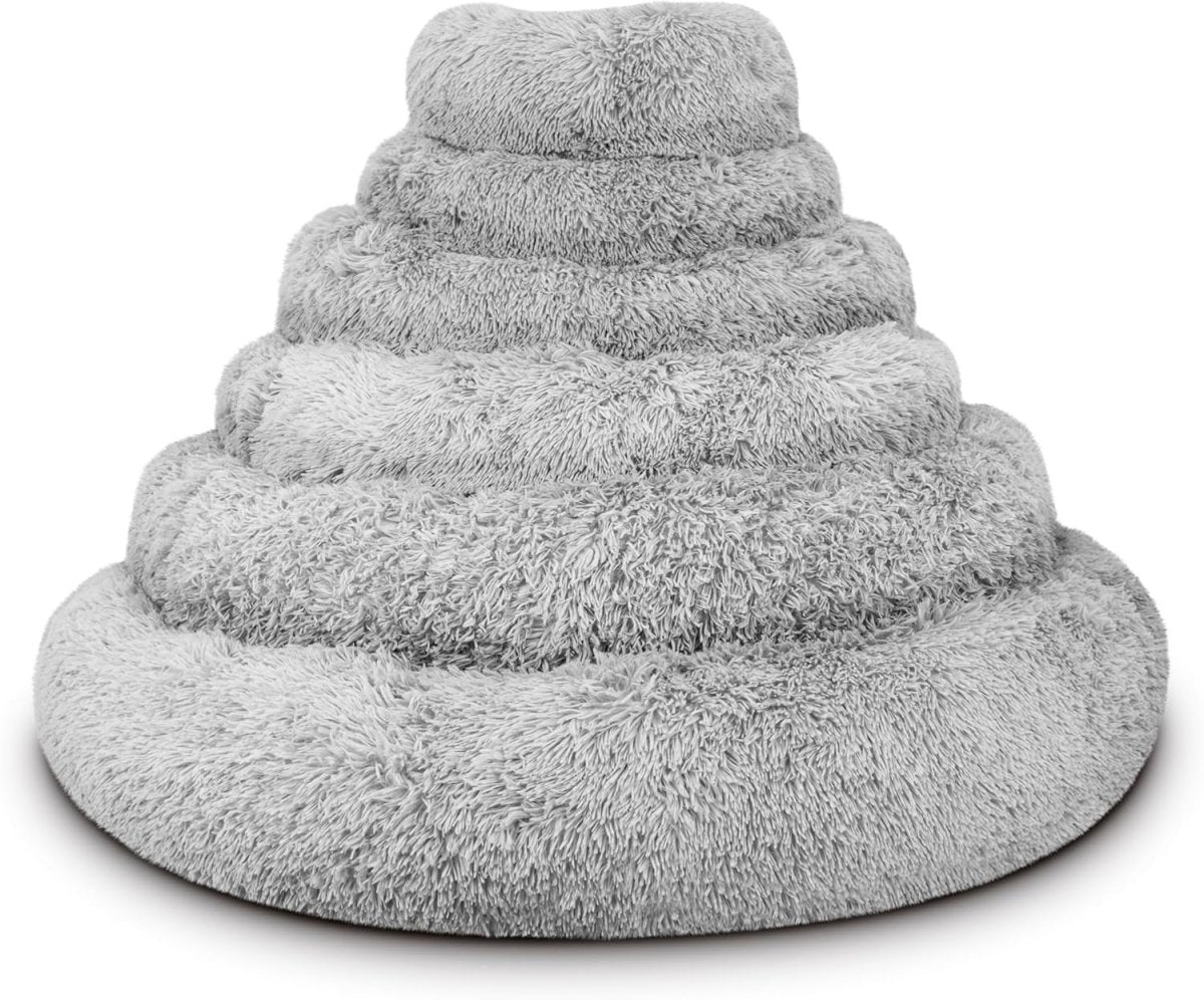 Large Plush Donut Dog Bed 91cm Calming Round Nest Silver - Kwikley