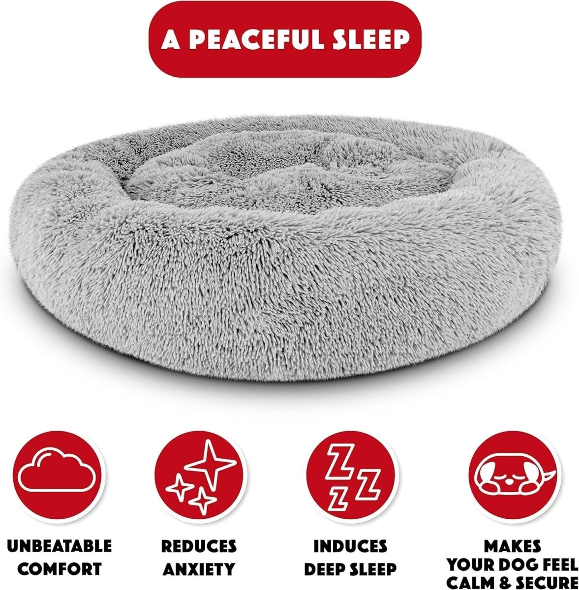 Large Plush Donut Dog Bed 91cm Calming Round Nest Silver - Kwikley