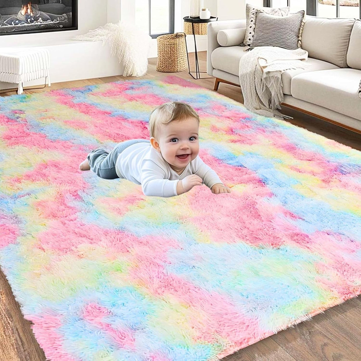 Large Rainbow Shaggy Rug 200x290cm Soft Fluffy Thick Pile Non Slip Carpet - Kwikley