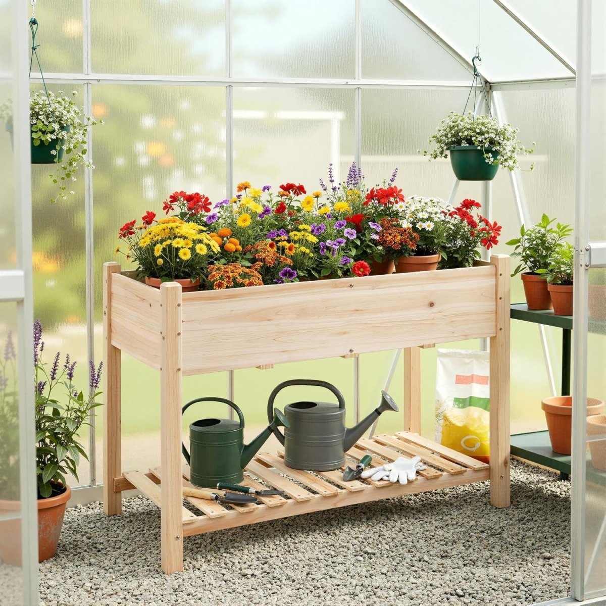 Large Raised Garden Bed Wooden Planter with Shelf Vegetable Herb Box - Kwikley