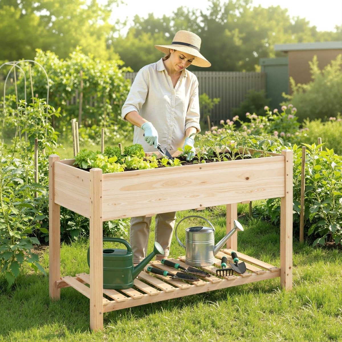 Large Raised Garden Bed Wooden Planter with Shelf Vegetable Herb Box - Kwikley