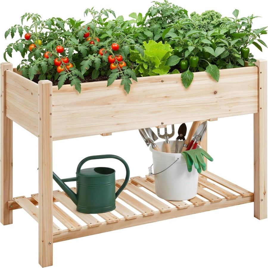 Large Raised Garden Bed Wooden Planter with Shelf Vegetable Herb Box - Kwikley