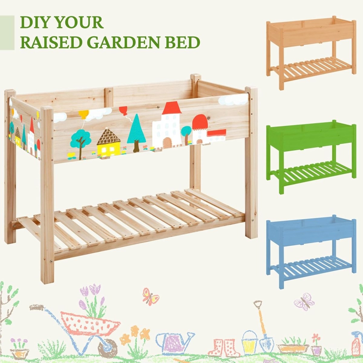 Large Raised Garden Bed Wooden Planter with Shelf Vegetable Herb Box - Kwikley