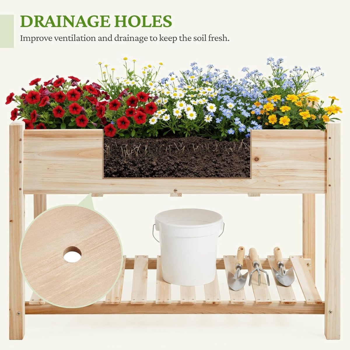 Large Raised Garden Bed Wooden Planter with Shelf Vegetable Herb Box - Kwikley