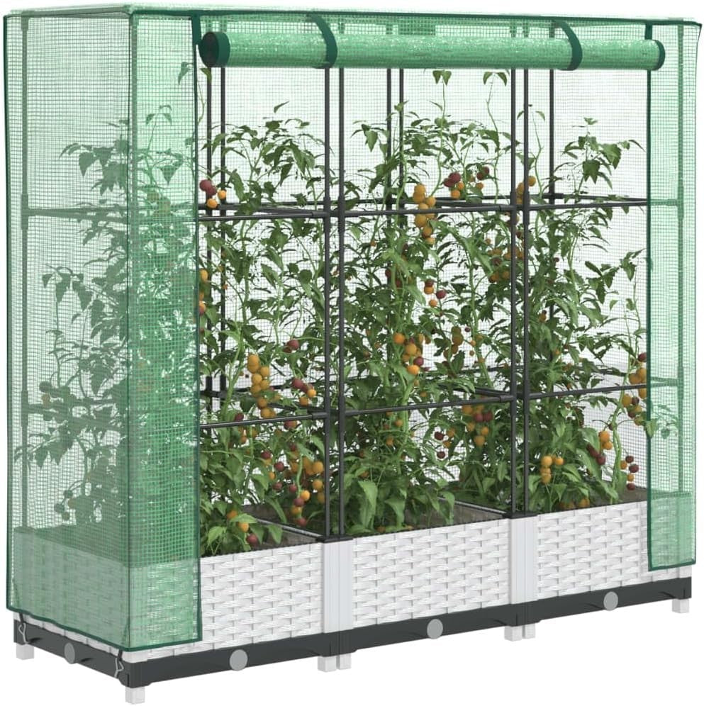 Large Raised Garden Planter with Greenhouse Cover 120x40x123cm | White Rattan - Kwikley
