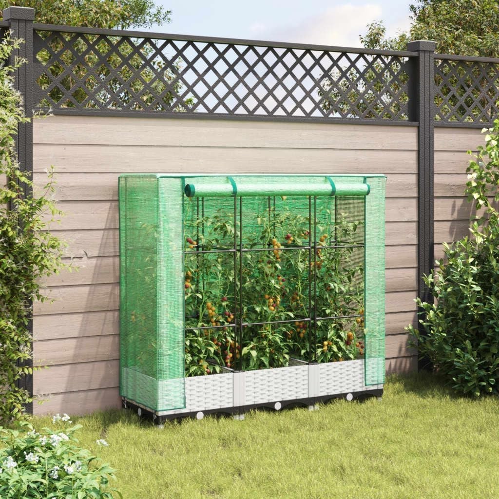 Large Raised Garden Planter with Greenhouse Cover 120x40x123cm | White Rattan - Kwikley
