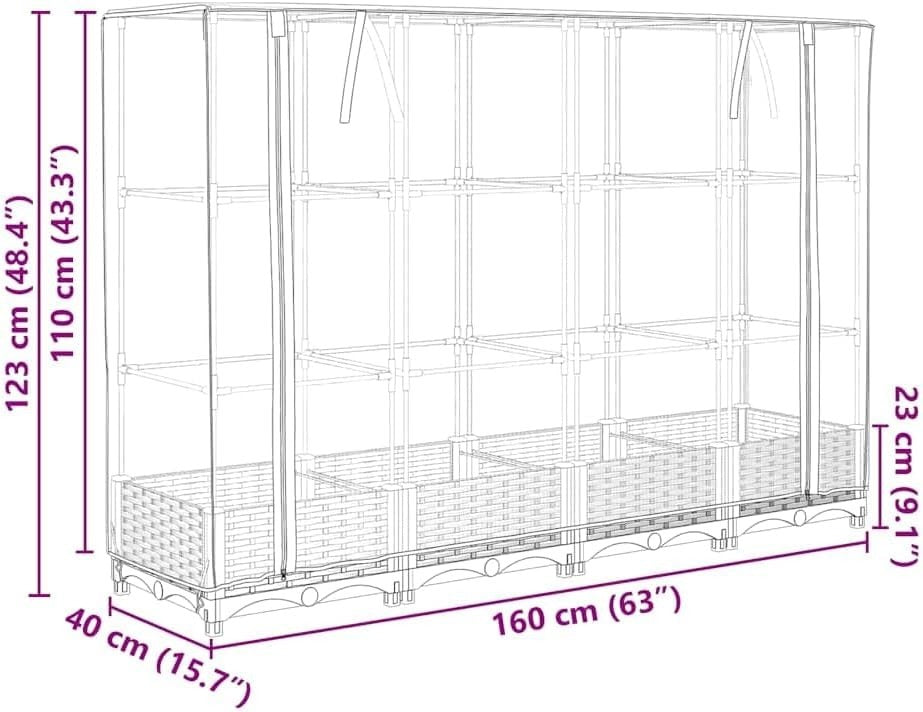 Large Raised Garden Planter with Greenhouse Cover 160x40x123cm | Black Rattan - Kwikley