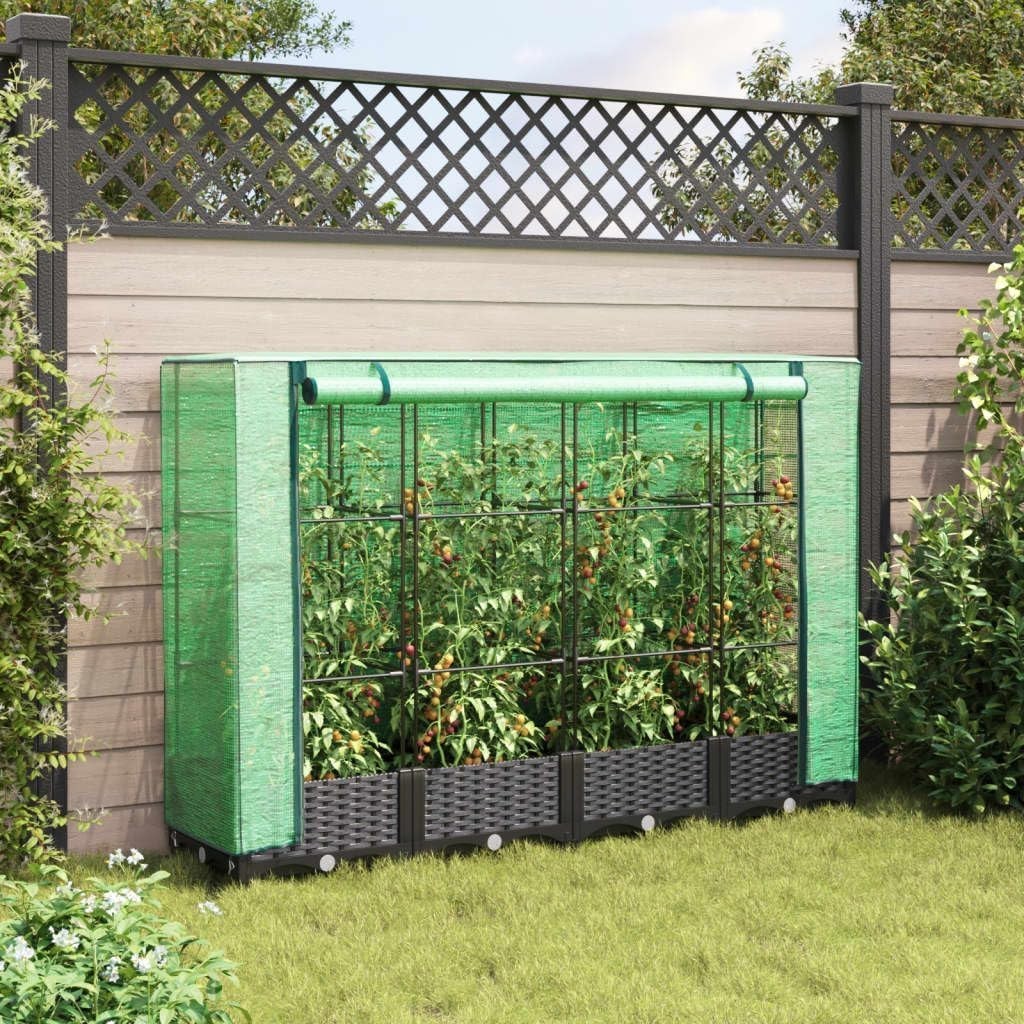 Large Raised Garden Planter with Greenhouse Cover 160x40x123cm | Black Rattan - Kwikley