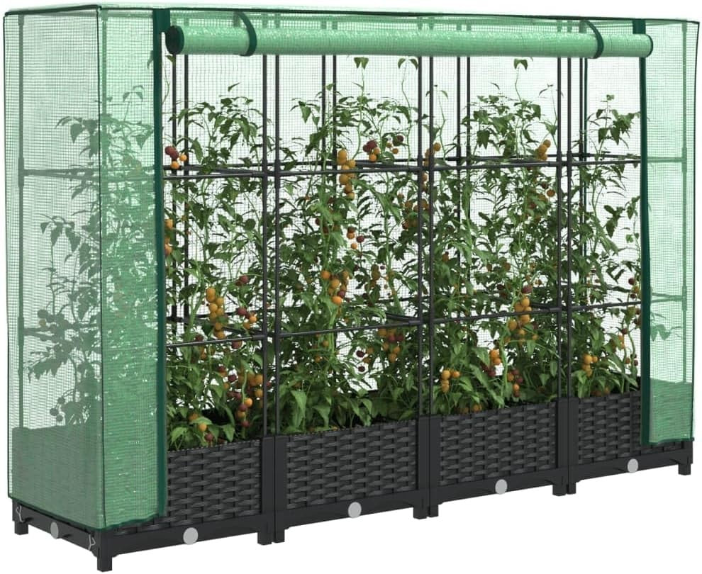 Large Raised Garden Planter with Greenhouse Cover 160x40x123cm | Black Rattan - Kwikley