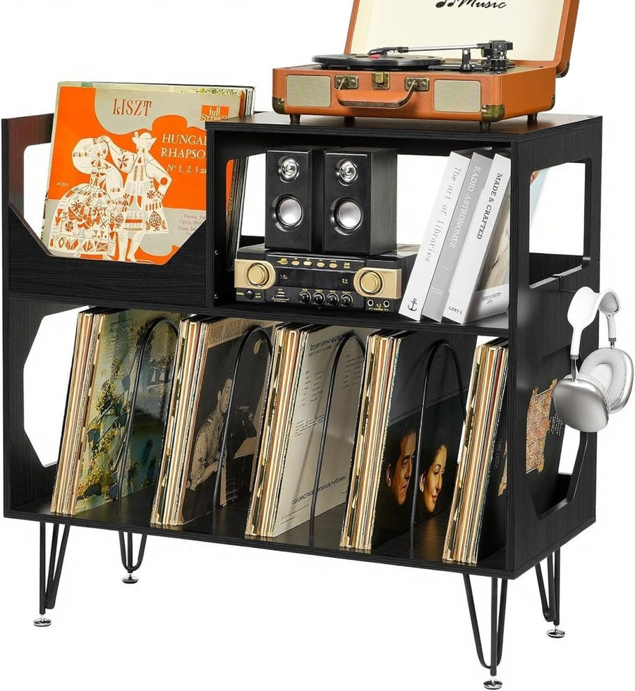 Large Record Player Stand Vinyl Storage Cabinet Holds 370 Albums Black - Kwikley