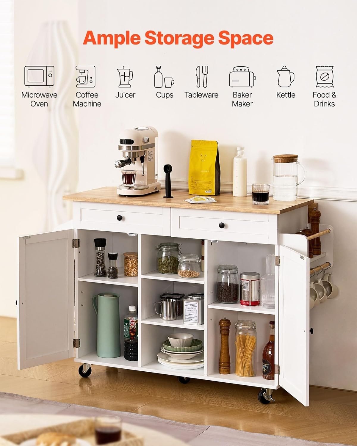 Large Rolling Kitchen Island Cart with Drop Leaf, Drawers & Storage – 132cm - Kwikley