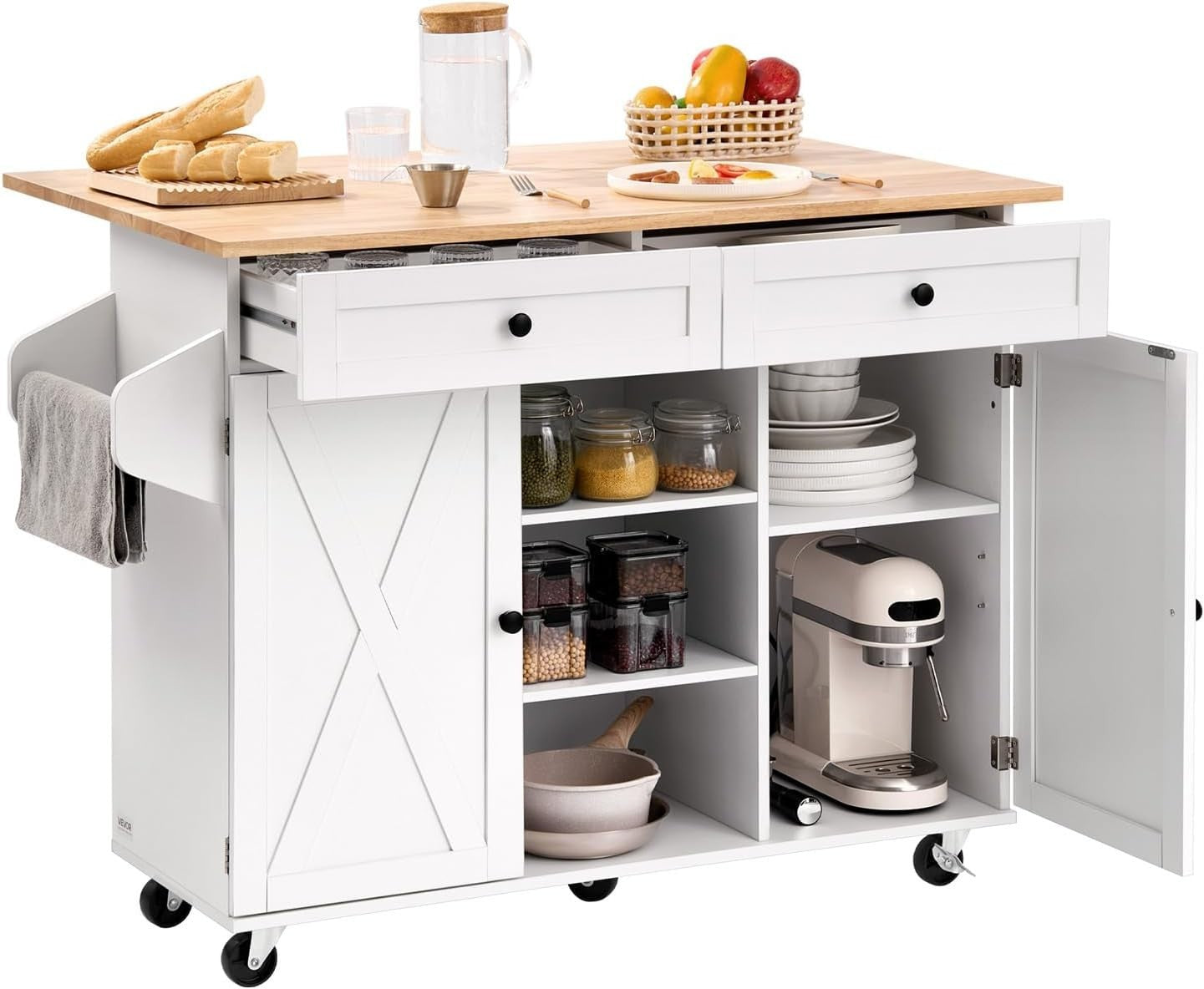 Large Rolling Kitchen Island Cart with Drop Leaf, Drawers & Storage – 132cm - Kwikley