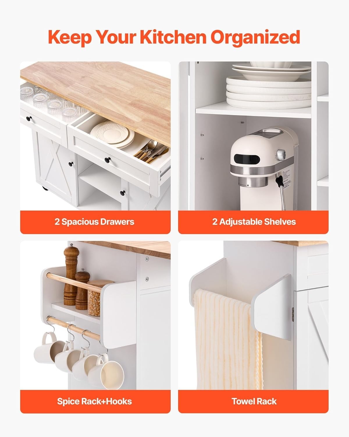Large Rolling Kitchen Island Cart with Drop Leaf, Drawers & Storage – 132cm - Kwikley