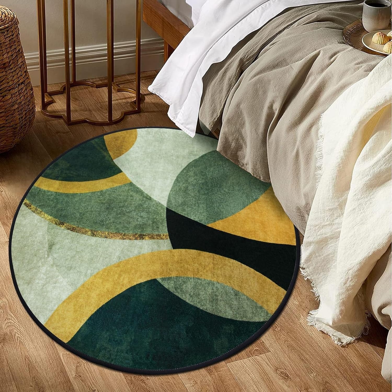 Large Round Area Rug 160cm Green Washable Non Slip Living Room Circle Carpet - Kwikley