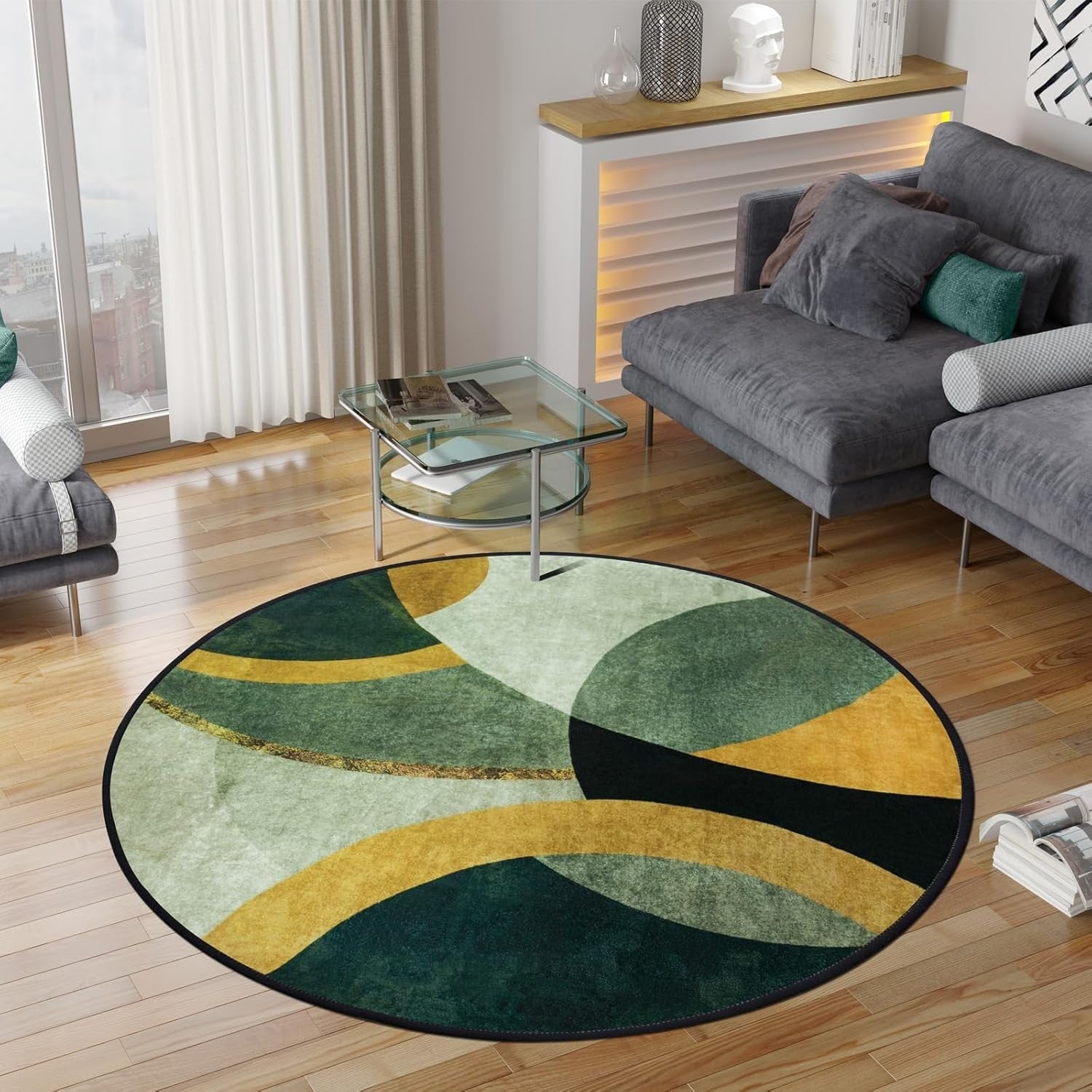 Large Round Area Rug 160cm Green Washable Non Slip Living Room Circle Carpet - Kwikley