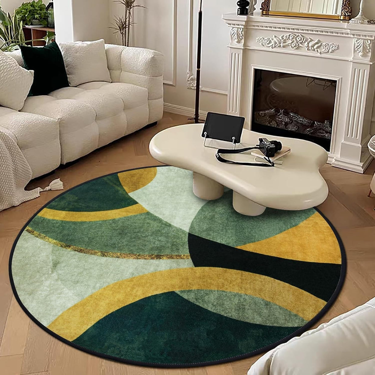 Large Round Area Rug 160cm Green Washable Non Slip Living Room Circle Carpet - Kwikley