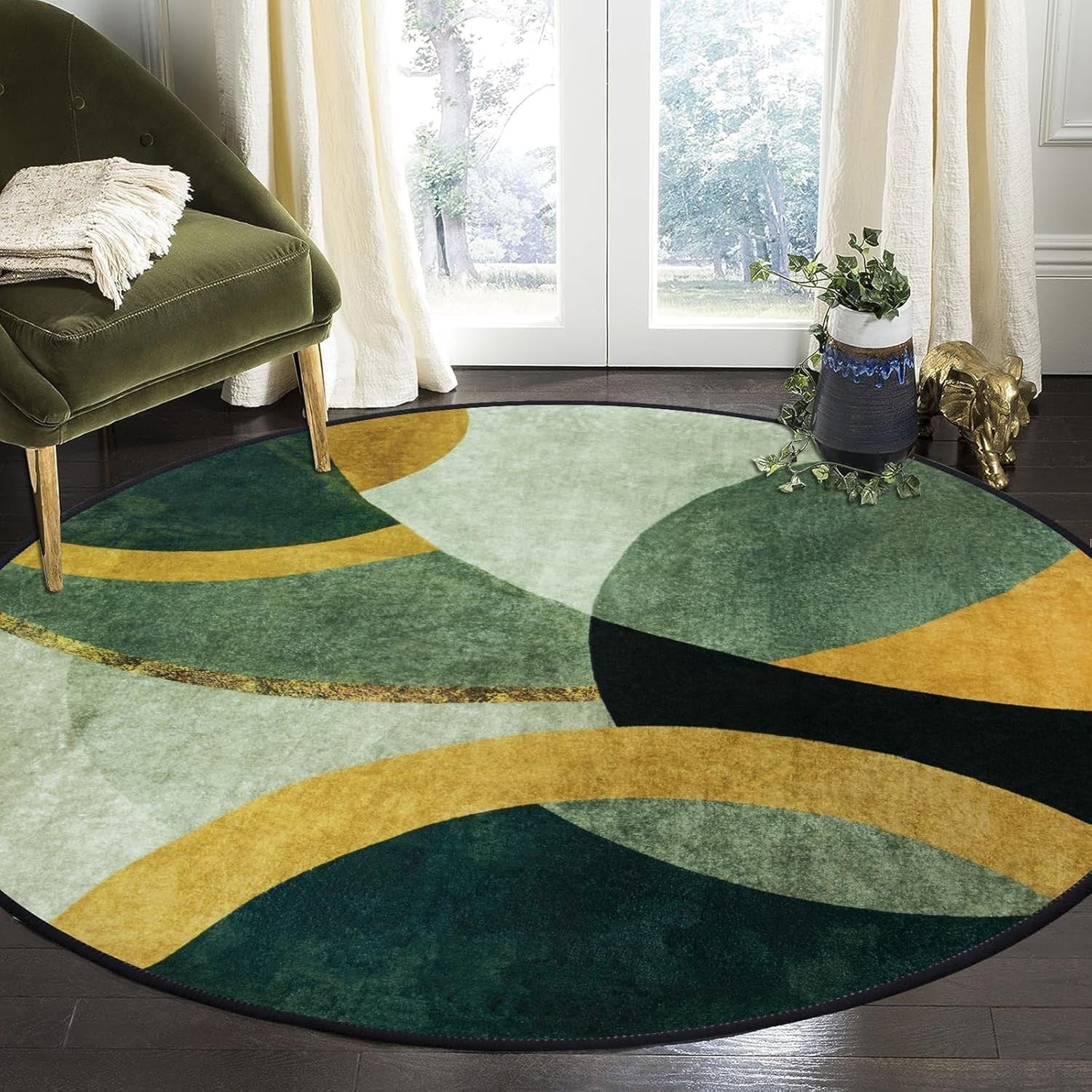 Large Round Area Rug 160cm Green Washable Non Slip Living Room Circle Carpet - Kwikley