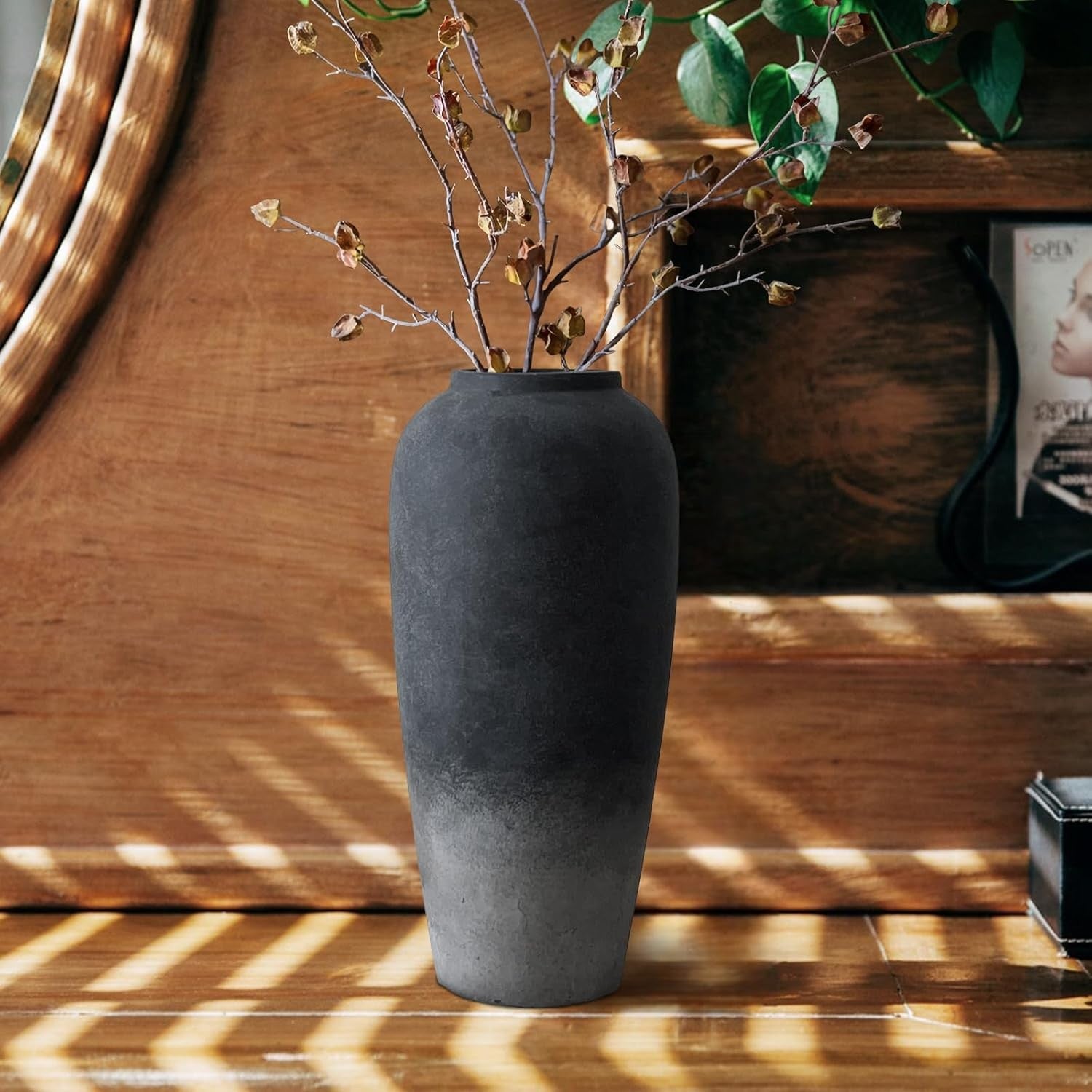 Large Rustic Ceramic Floor Vase 15in Black Terracotta Home Decor Entryway - Kwikley