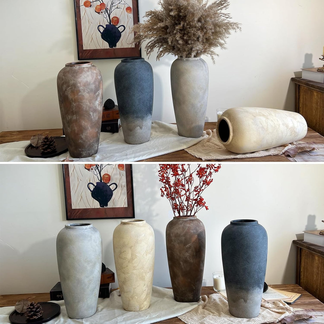 Large Rustic Ceramic Floor Vase 15in Black Terracotta Home Decor Entryway - Kwikley
