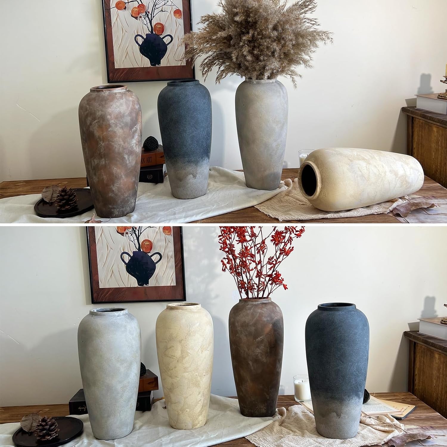 Large Rustic Ceramic Floor Vase 15in Black Terracotta Home Decor Entryway - Kwikley