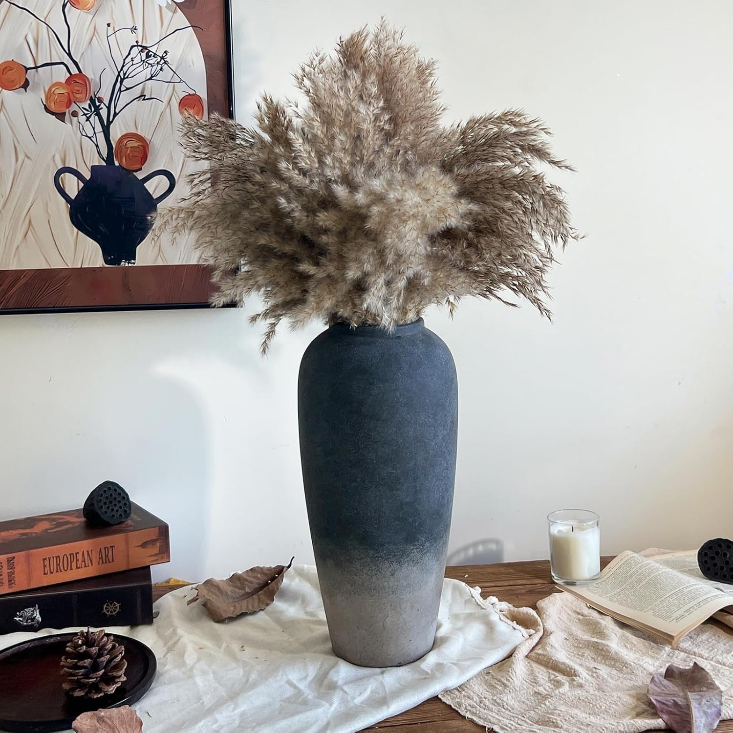 Large Rustic Ceramic Floor Vase 15in Black Terracotta Home Decor Entryway - Kwikley