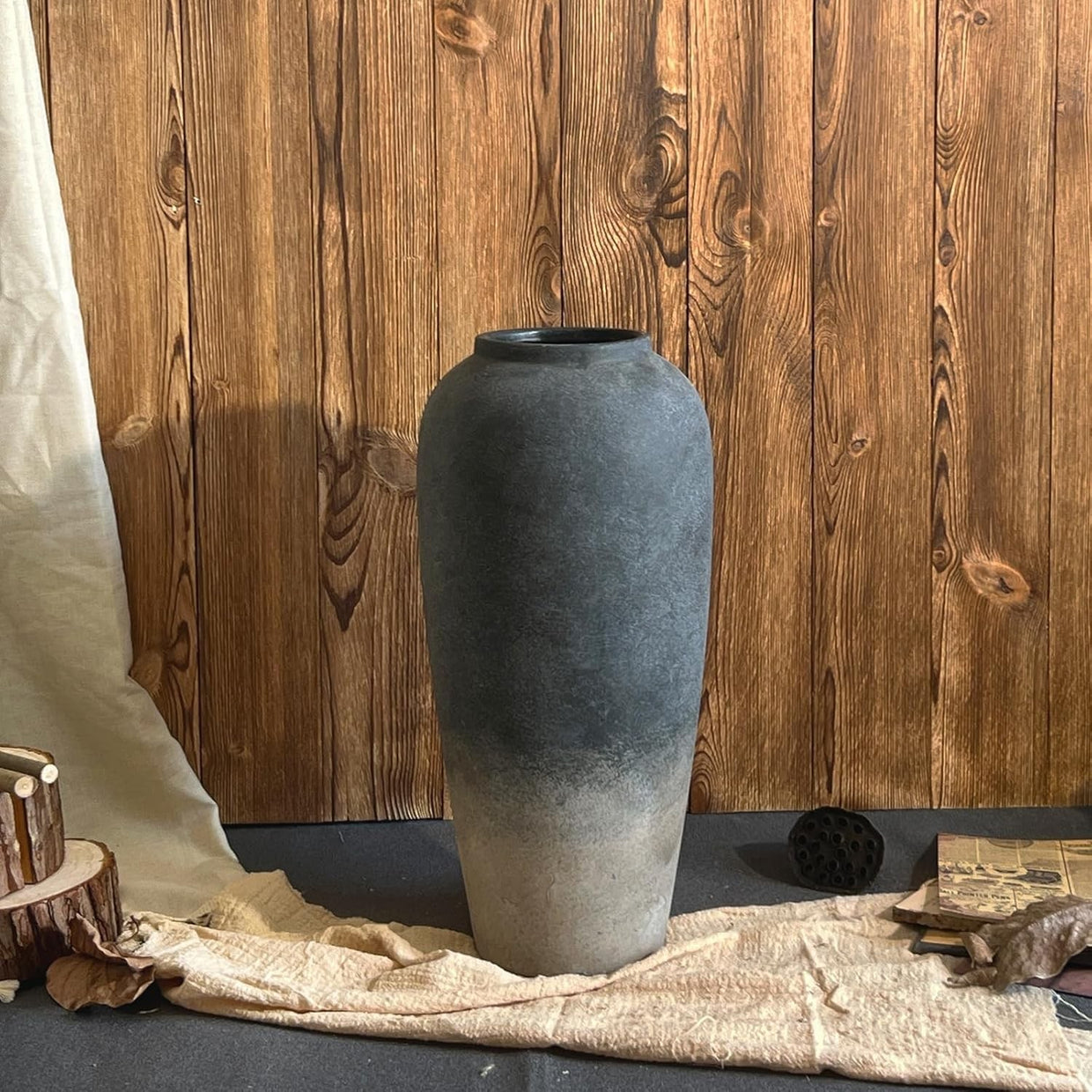Large Rustic Ceramic Floor Vase 15in Black Terracotta Home Decor Entryway - Kwikley