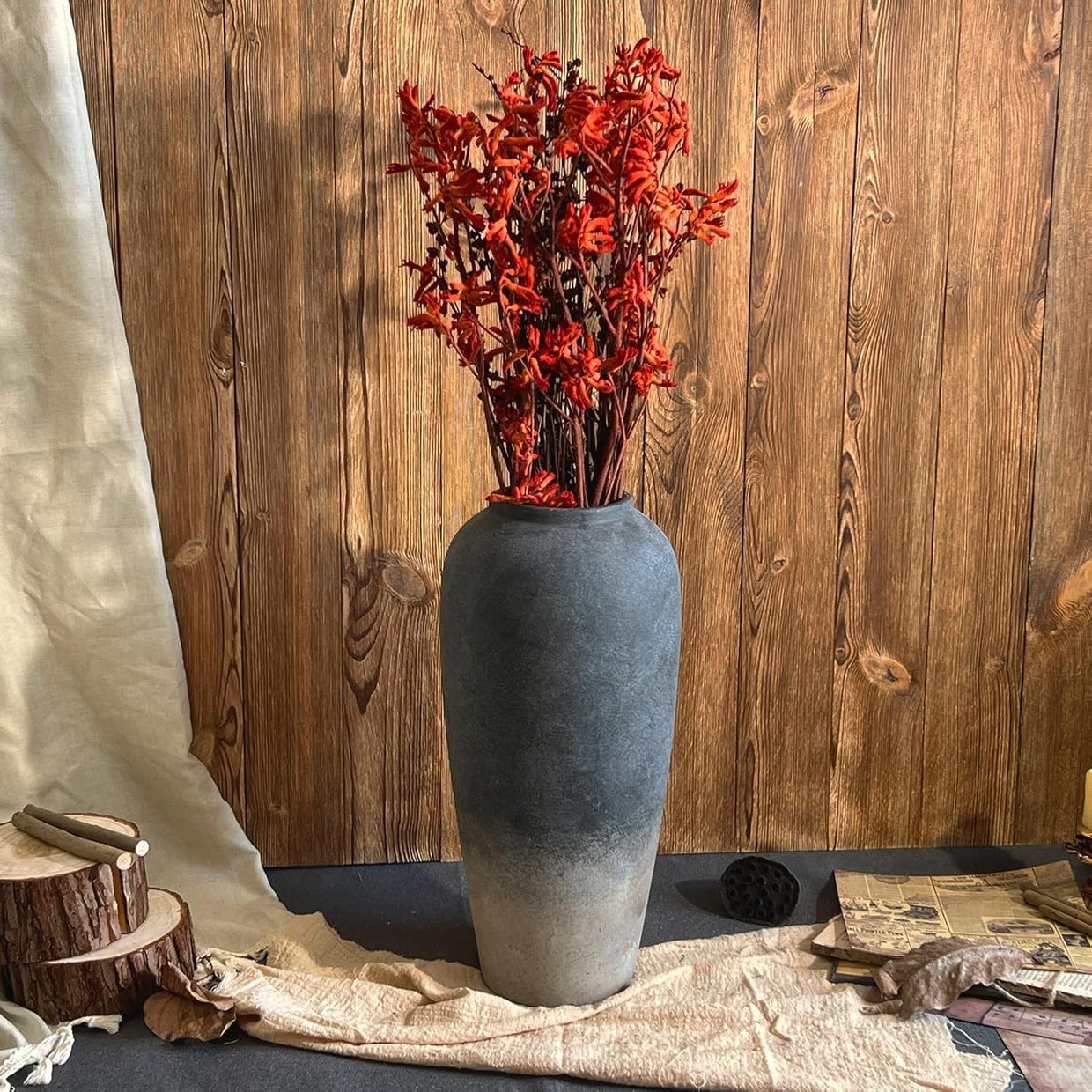 Large Rustic Ceramic Floor Vase 15in Black Terracotta Home Decor Entryway - Kwikley