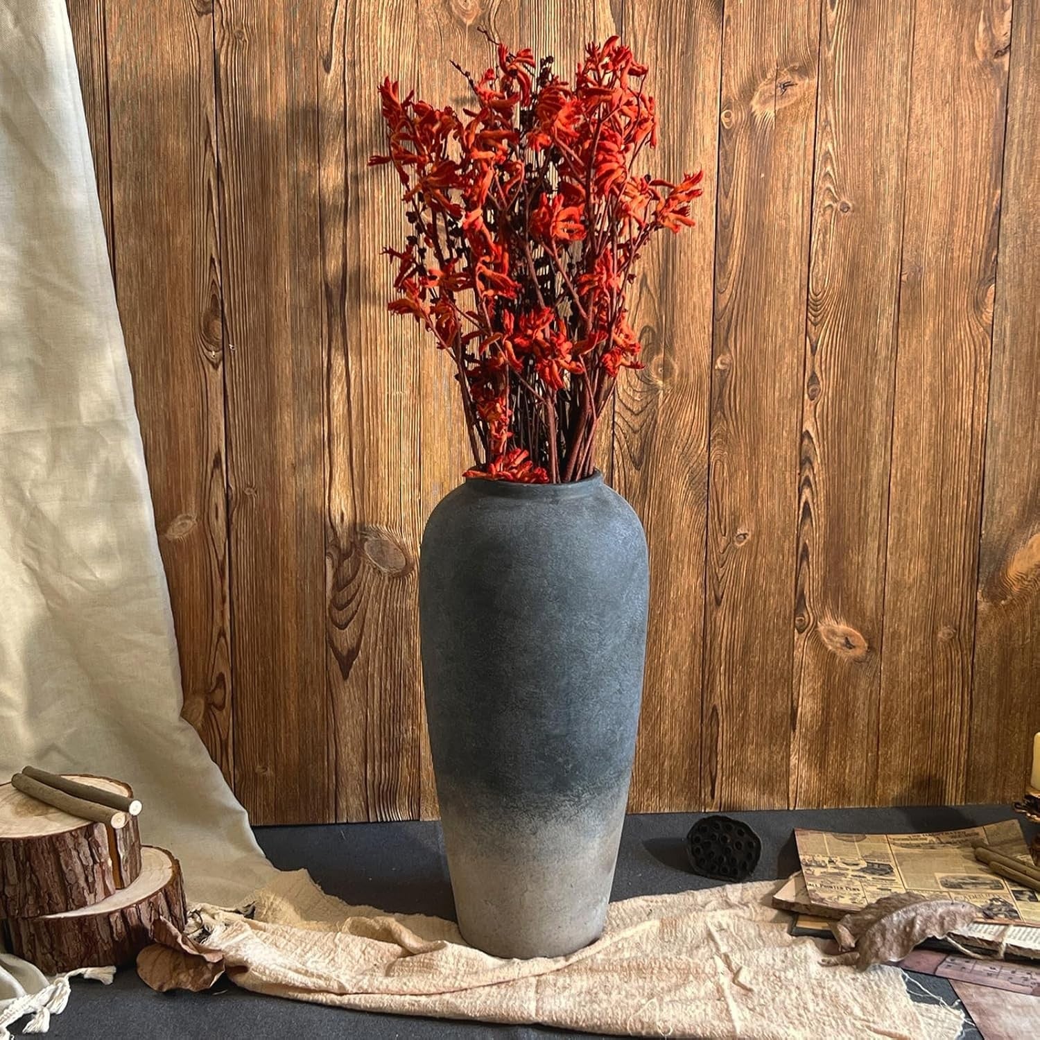 Large Rustic Ceramic Floor Vase 15in Black Terracotta Home Decor Entryway - Kwikley