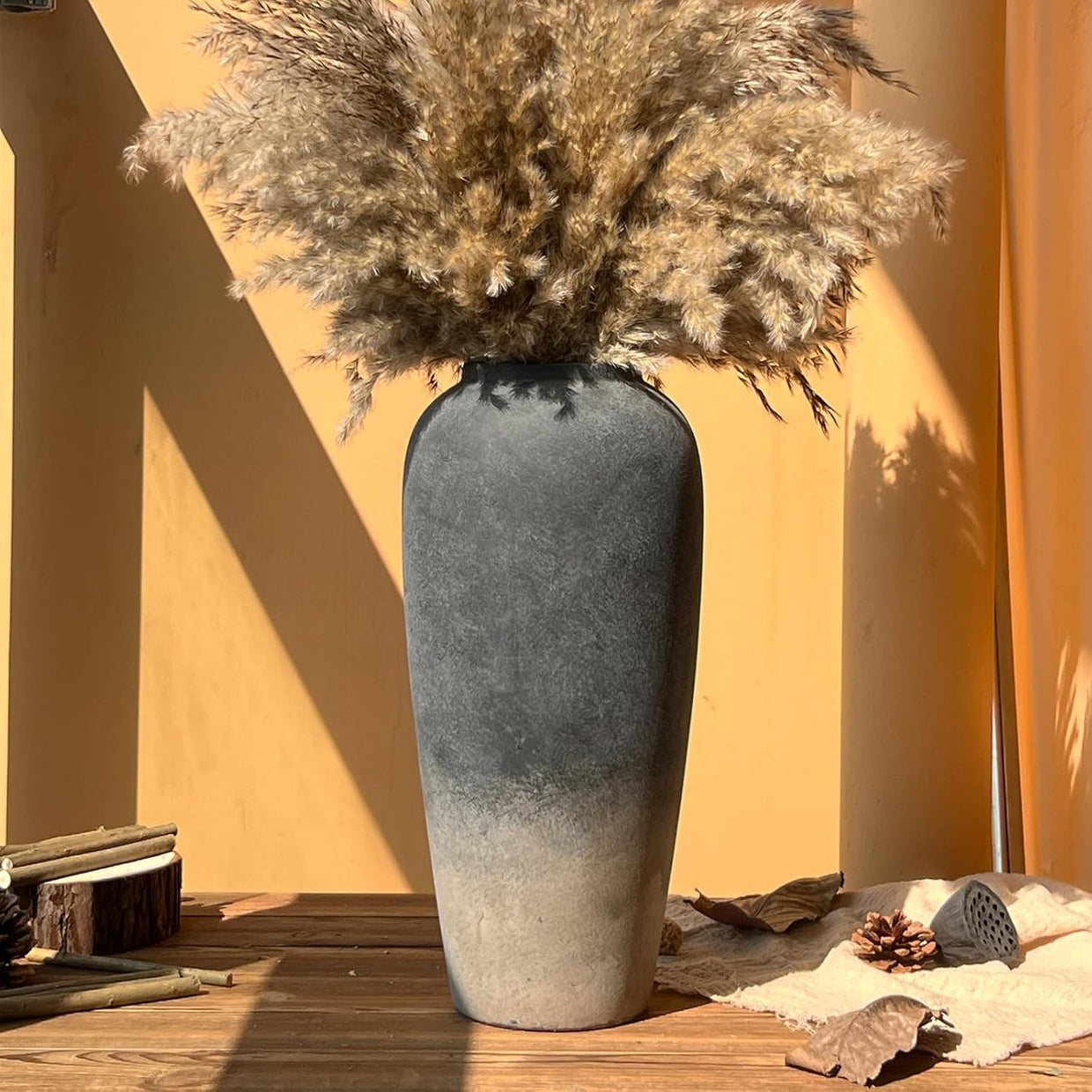 Large Rustic Ceramic Floor Vase 15in Black Terracotta Home Decor Entryway - Kwikley