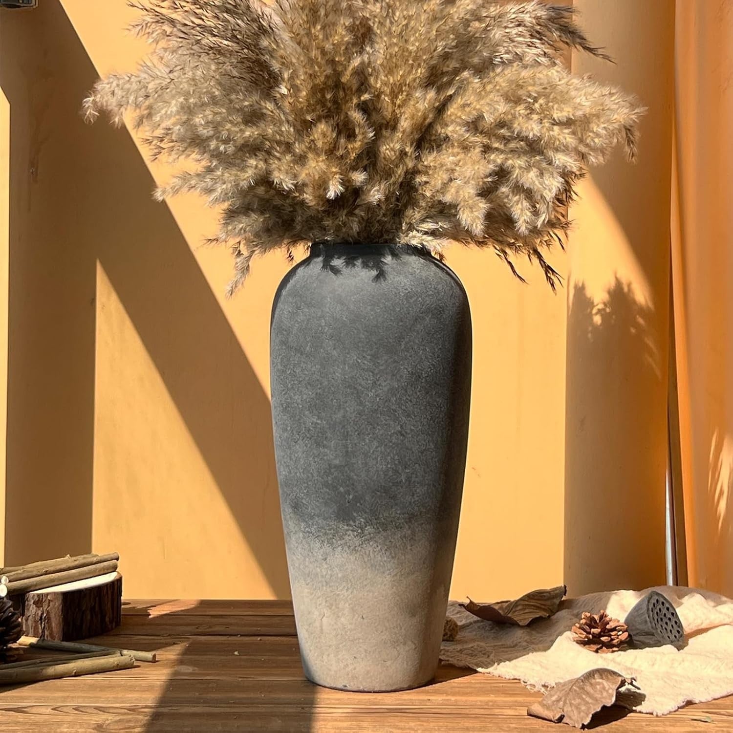 Large Rustic Ceramic Floor Vase 15in Black Terracotta Home Decor Entryway - Kwikley