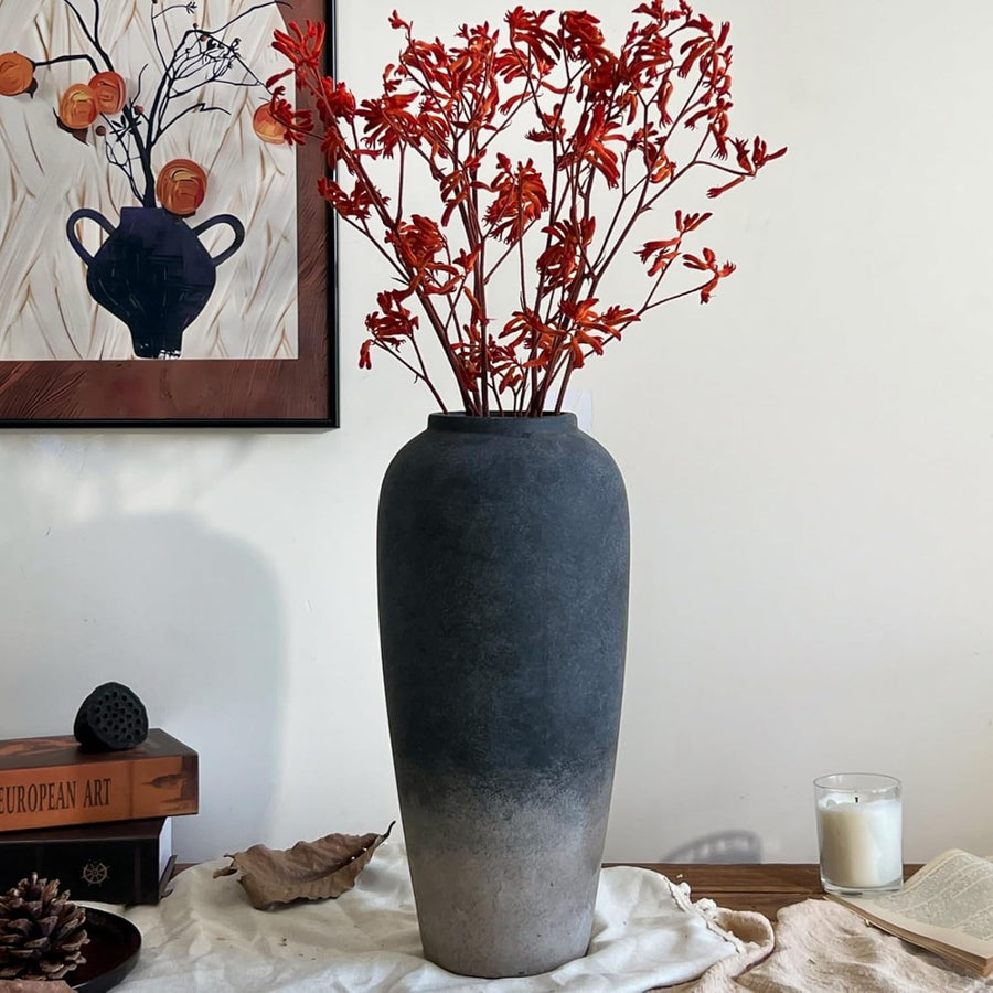 Large Rustic Ceramic Floor Vase 15in Black Terracotta Home Decor Entryway - Kwikley