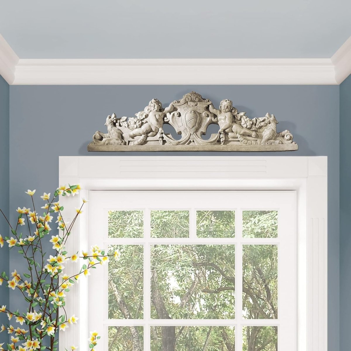 Large Sculptural Wall Pediment Cherub Plaque 94cm Resin Decor - Kwikley