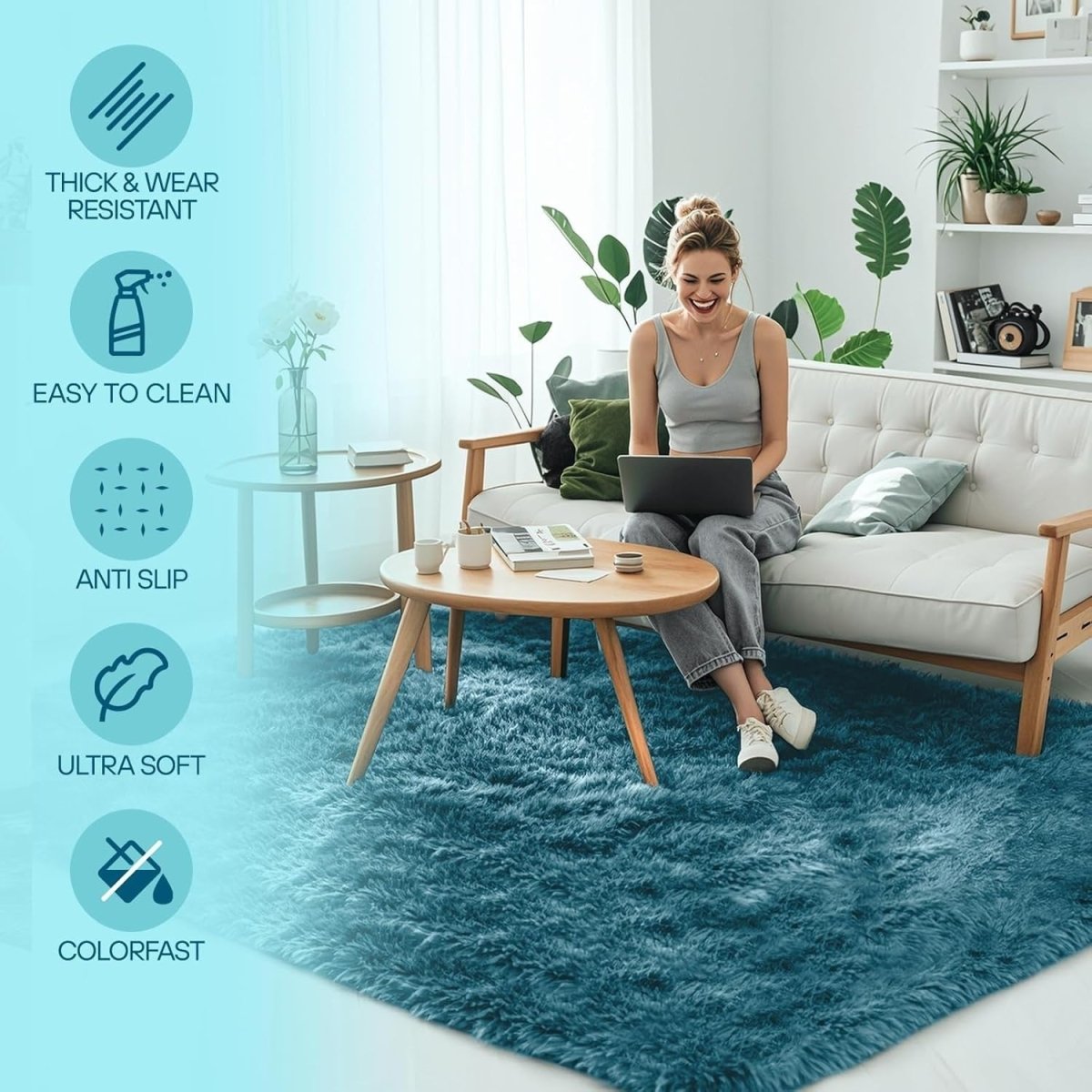 Large Shaggy Rug 160x230cm Soft Plush Anti Slip Fluffy Carpet Blue Green - Kwikley