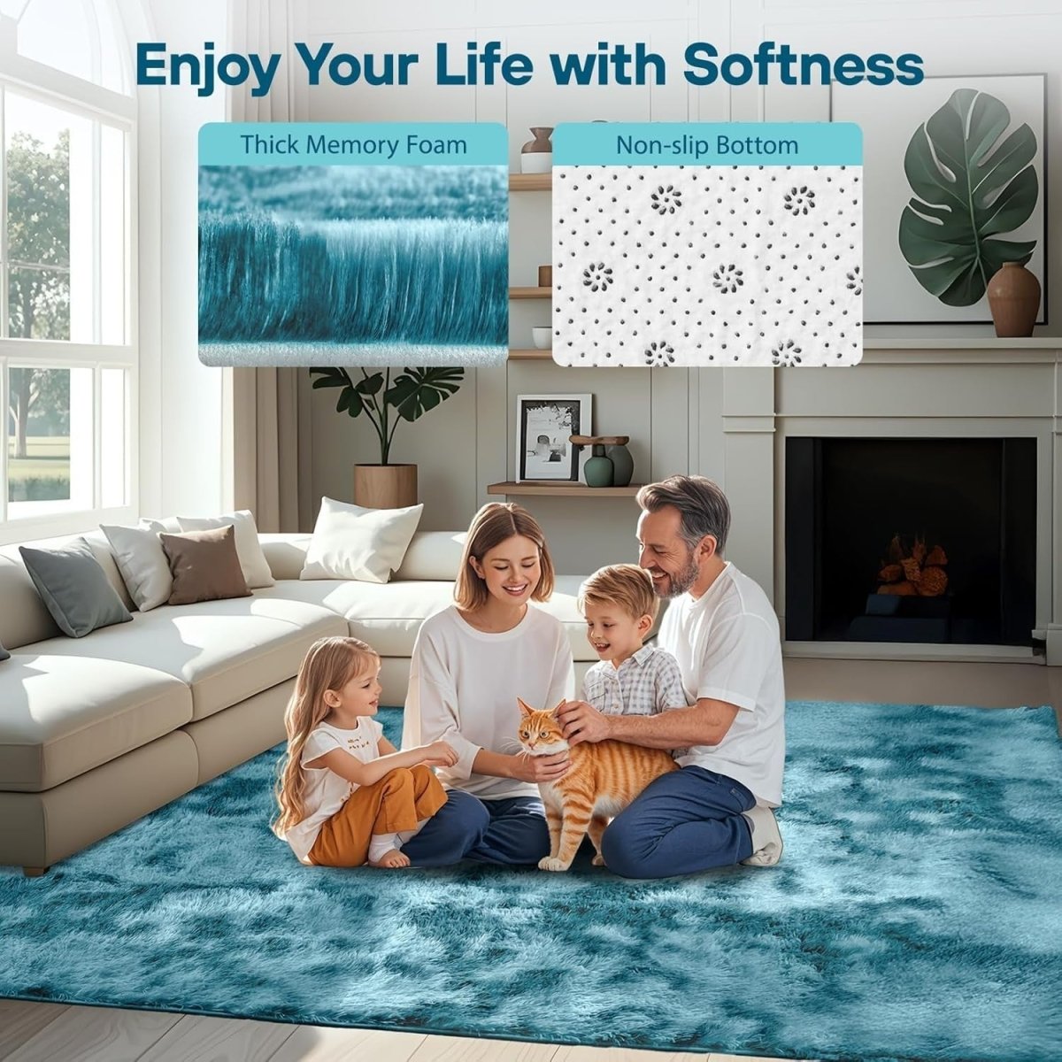 Large Shaggy Rug 160x230cm Soft Plush Anti Slip Fluffy Carpet Blue Green - Kwikley