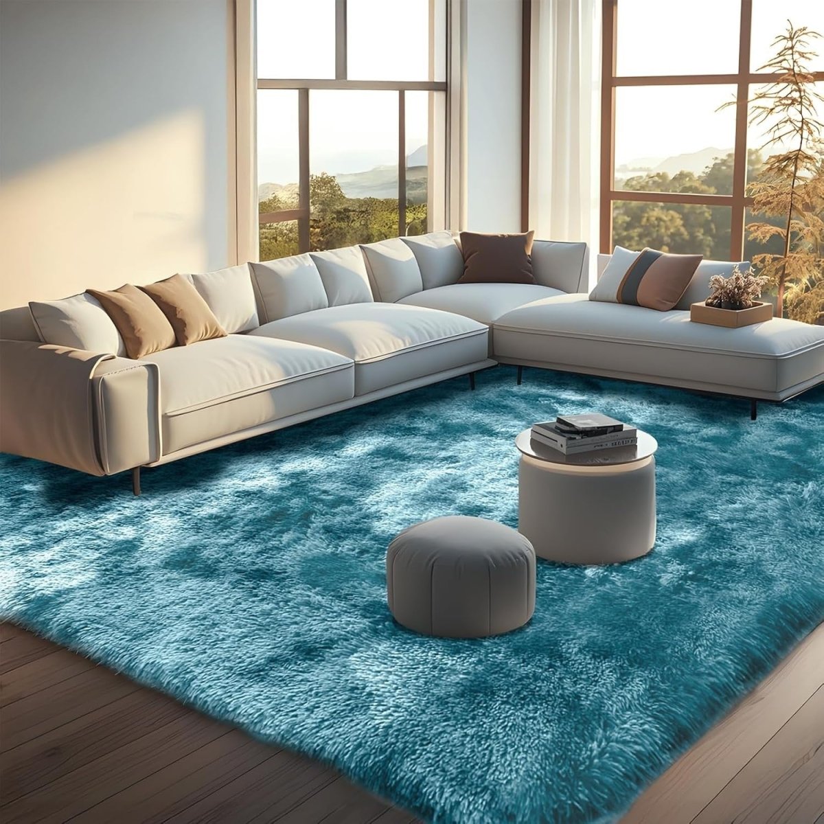 Large Shaggy Rug 160x230cm Soft Plush Anti Slip Fluffy Carpet Blue Green - Kwikley