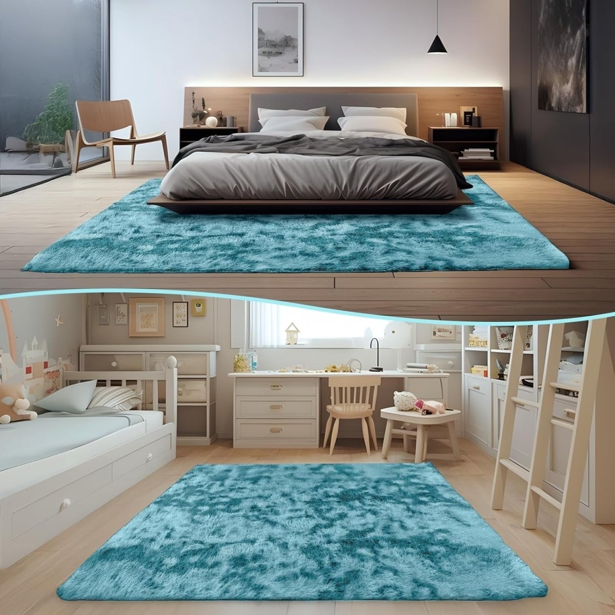 Large Shaggy Rug 160x230cm Soft Plush Anti Slip Fluffy Carpet Blue Green - Kwikley