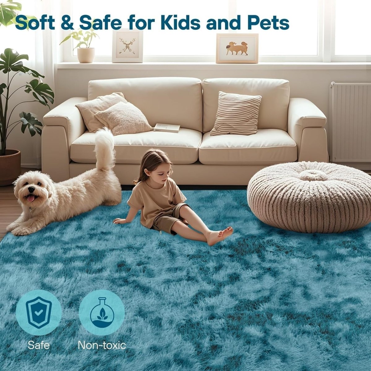 Large Shaggy Rug 160x230cm Soft Plush Anti Slip Fluffy Carpet Blue Green - Kwikley