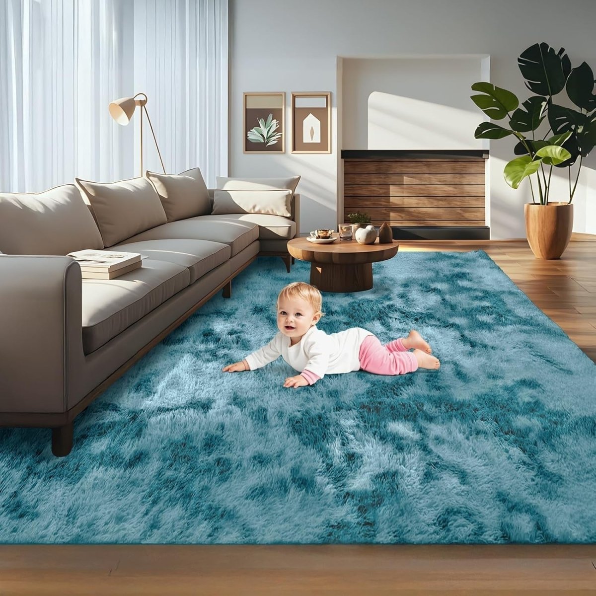 Large Shaggy Rug 160x230cm Soft Plush Anti Slip Fluffy Carpet Blue Green - Kwikley