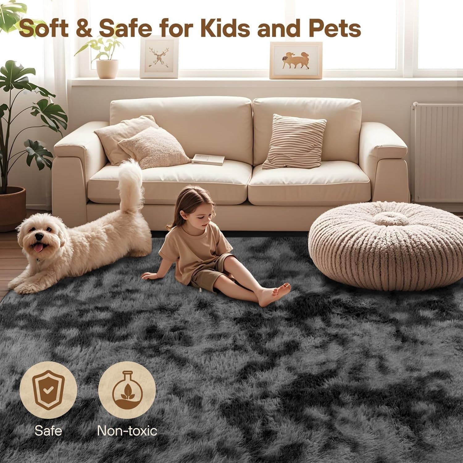 Large Shaggy Rug 160x230cm Soft Plush Anti Slip Fluffy Carpet Dark Grey - Kwikley