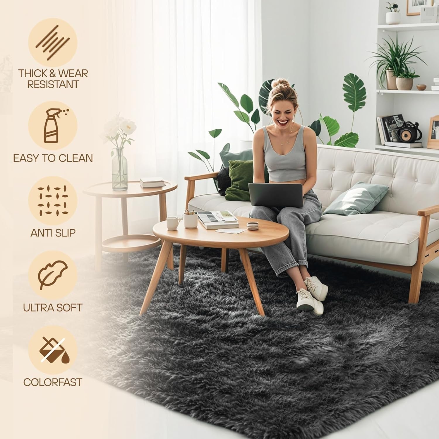 Large Shaggy Rug 160x230cm Soft Plush Anti Slip Fluffy Carpet Dark Grey - Kwikley