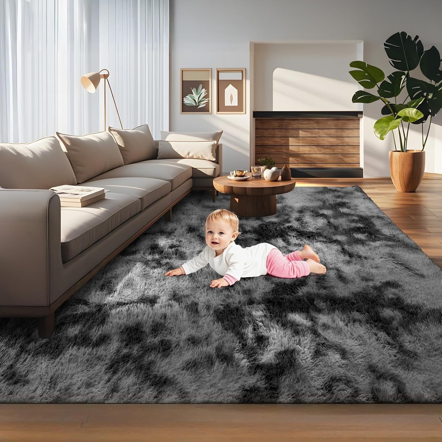 Large Shaggy Rug 160x230cm Soft Plush Anti Slip Fluffy Carpet Dark Grey - Kwikley