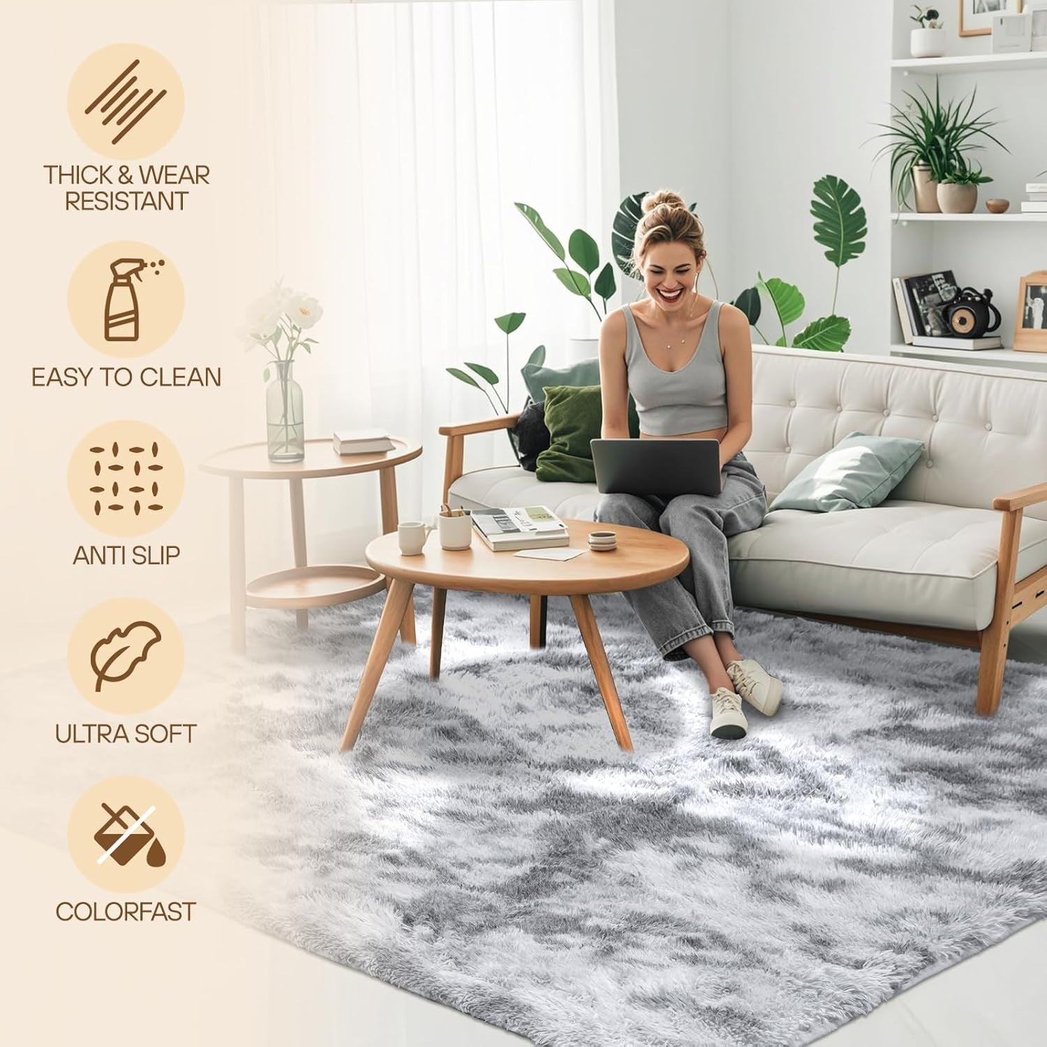 Large Shaggy Rug 160x230cm Soft Plush Anti Slip Fluffy Carpet Grey - Kwikley