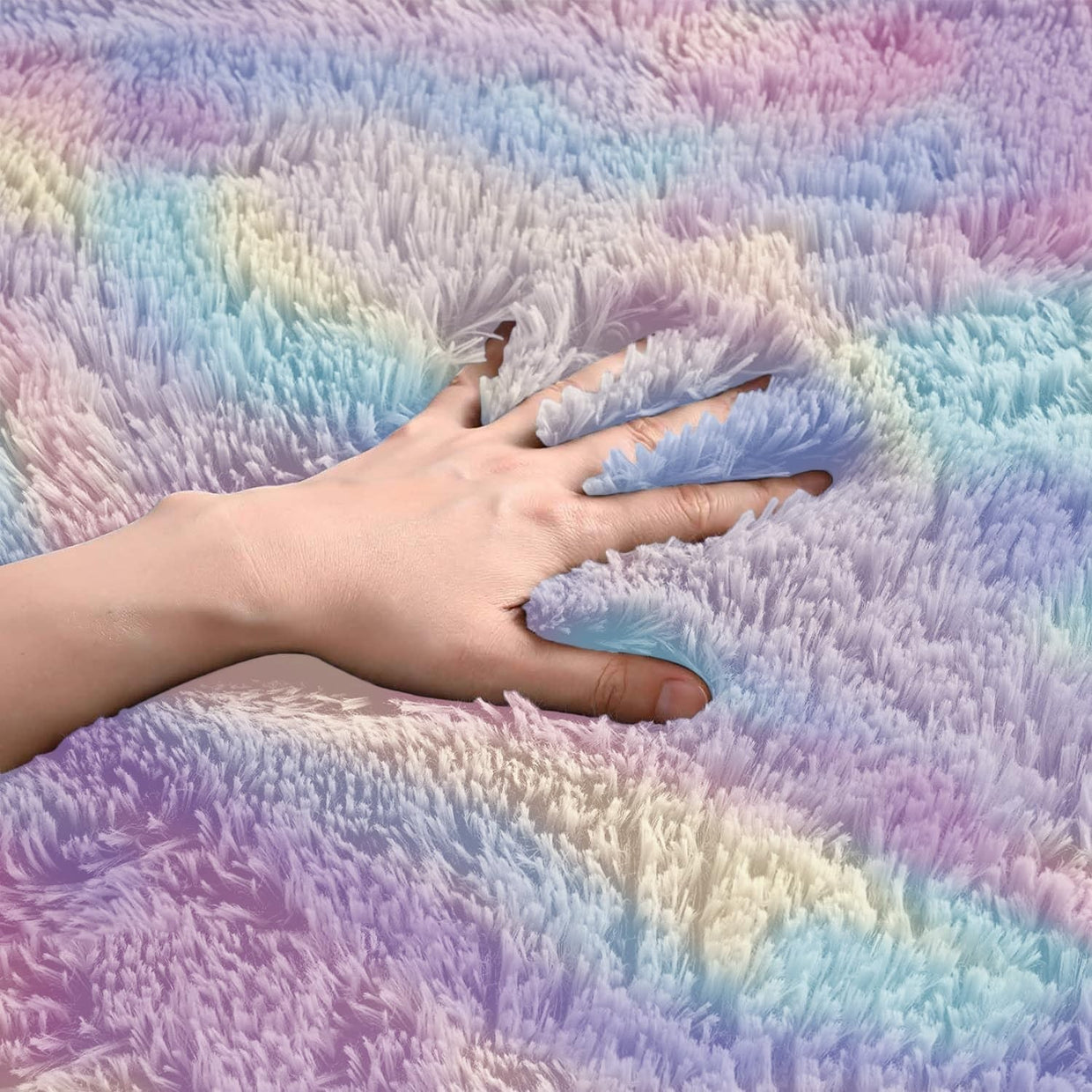 Large Shaggy Rug 80x150cm Set of 2 Soft Plush Anti Slip Fluffy Carpet Rainbow - Kwikley