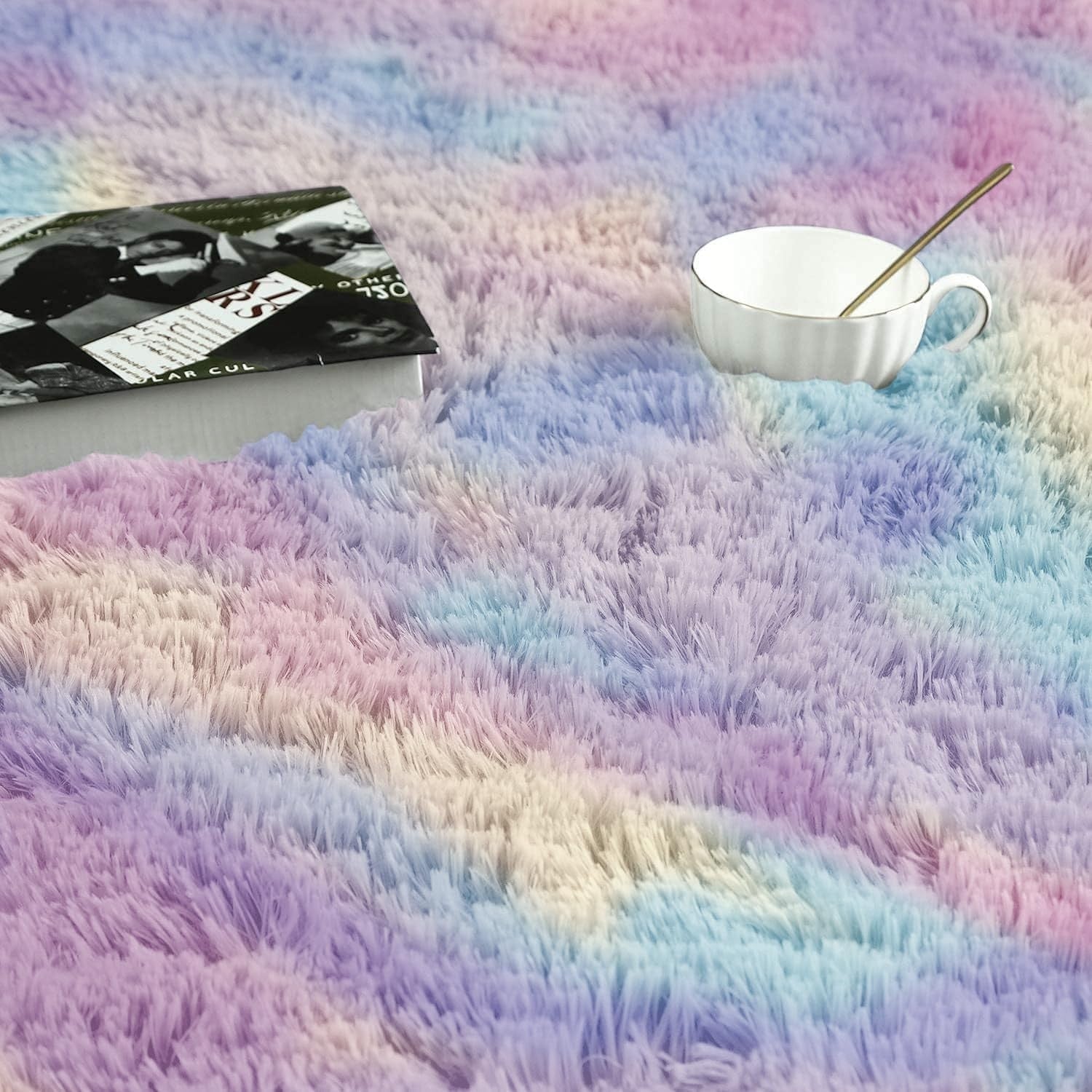 Large Shaggy Rug 80x150cm Set of 2 Soft Plush Anti Slip Fluffy Carpet Rainbow - Kwikley
