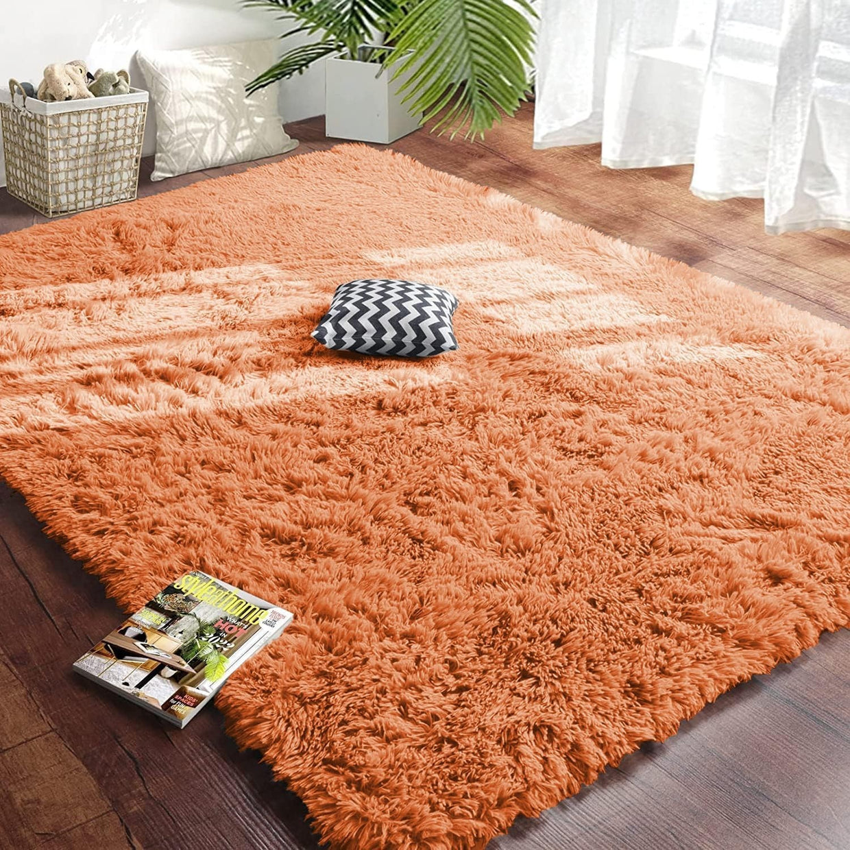 Large Shaggy Rug 80x150cm Set of 2 Soft Plush Anti Slip Fluffy Carpet Rust - Kwikley
