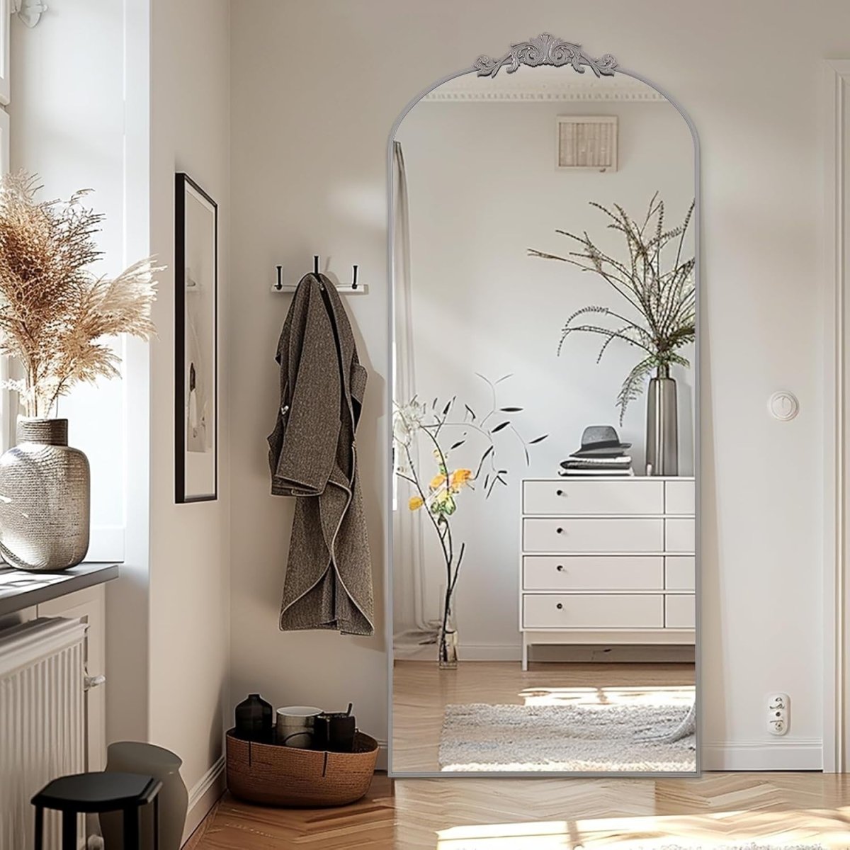 Large Silver Arch Mirror 180x76cm Wall Leaning Full Body Dressing Mirror - Kwikley