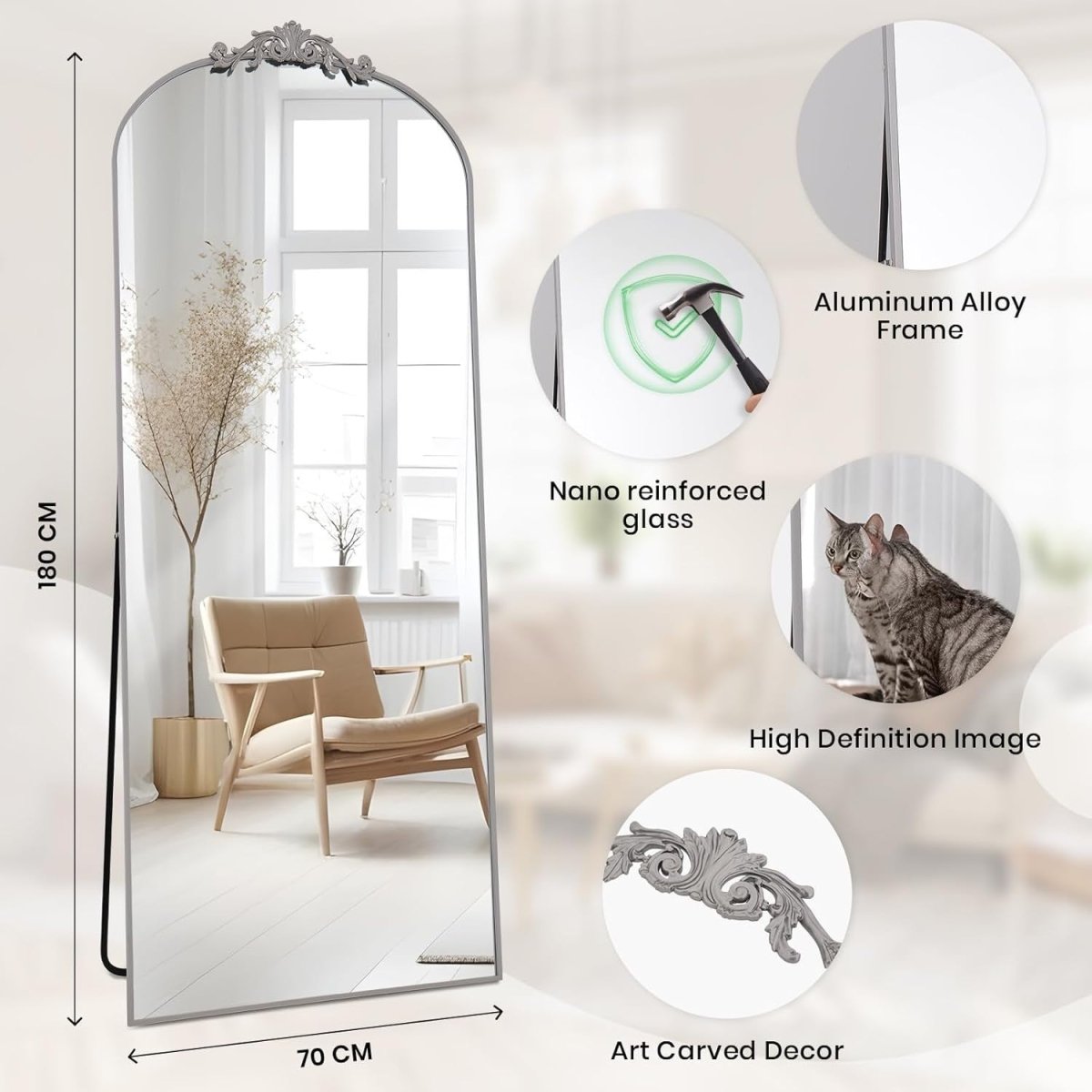 Large Silver Arch Mirror 180x76cm Wall Leaning Full Body Dressing Mirror - Kwikley