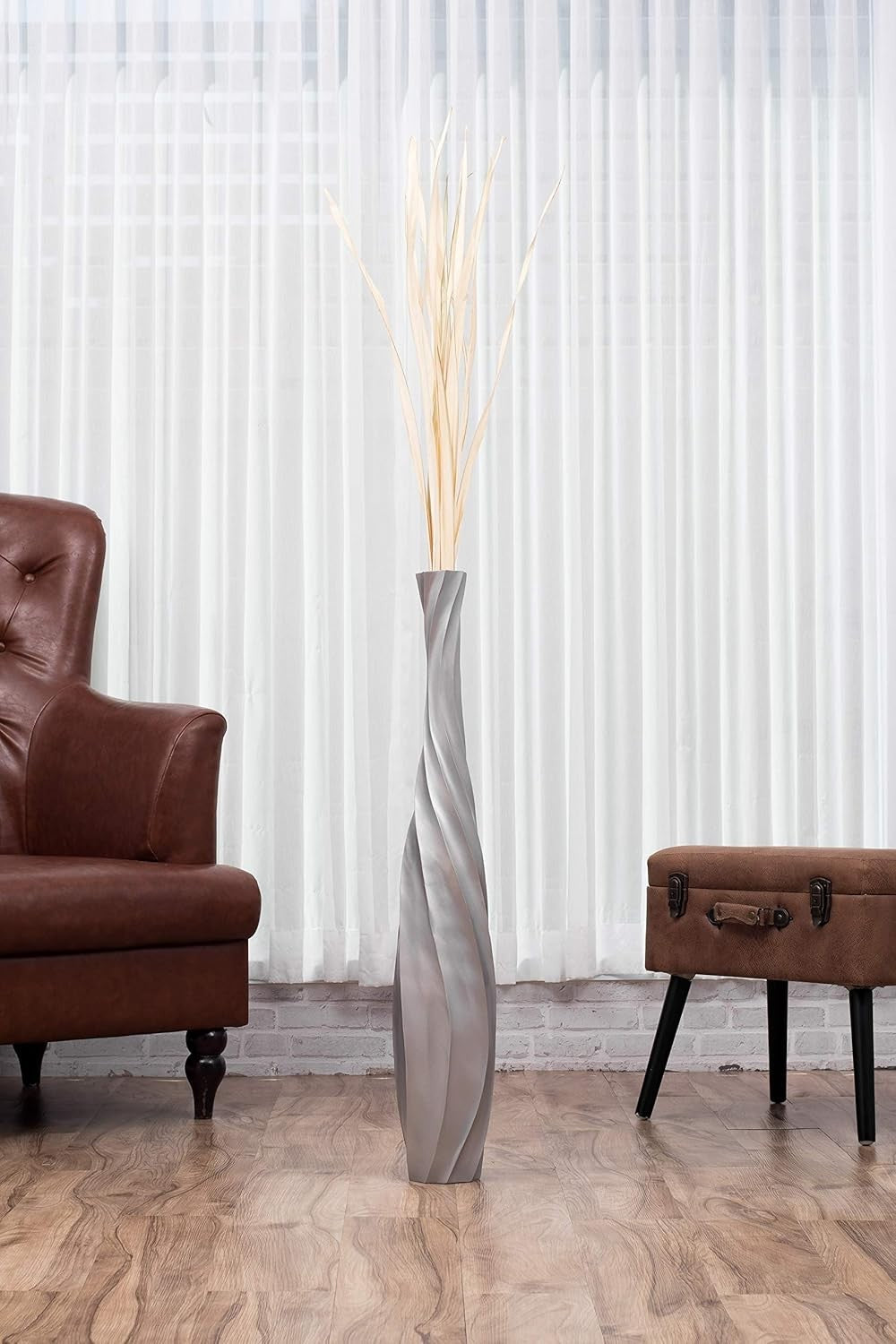 Large Silver Curved Floor Vase 85cm Tall Wooden Decor for Pampas Grass - Kwikley